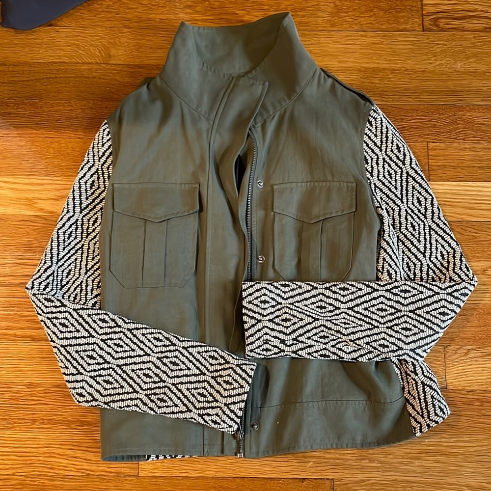 Ella Moss Olive Green Jacket with Black & White Patterned Sleeves